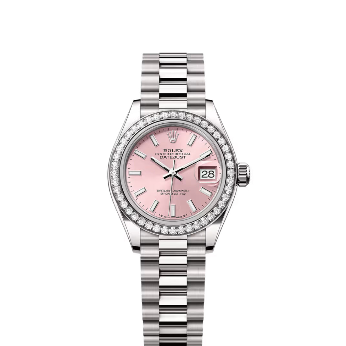 Classic Date Watch, White Gold Tone, Stone-Set, White, 28 mm