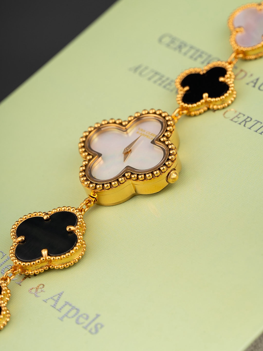 Quatrefoil Dial Watch, 18K, Yellow Gold Tone, Mother-of-Pearl, Onyx