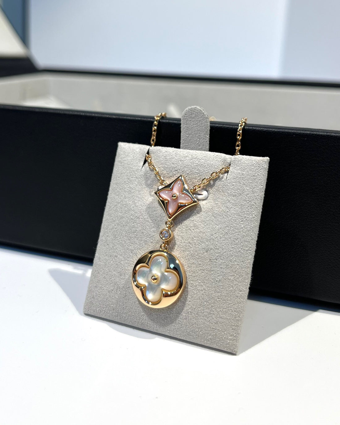Flower Motif Necklace, Rose Gold Tone, Mother-of-Pearl, Stone-Set