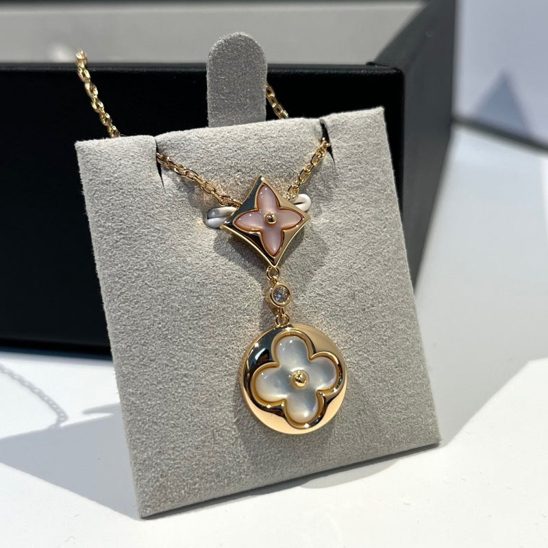 Flower Motif Necklace, Rose Gold Tone, Mother-of-Pearl, Stone-Set