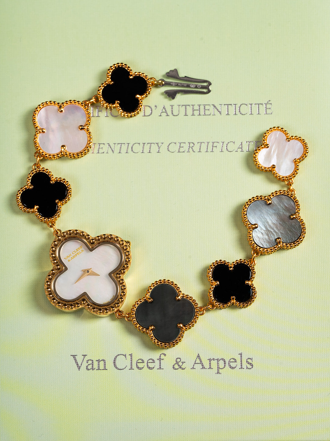 Quatrefoil Dial Watch, 18K, Yellow Gold Tone, Mother-of-Pearl, Onyx