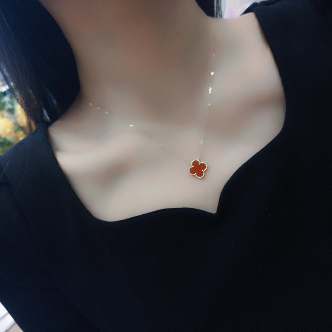 Quatrefoil Carnelian Pendant Necklace, 18K Yellow Gold Plated