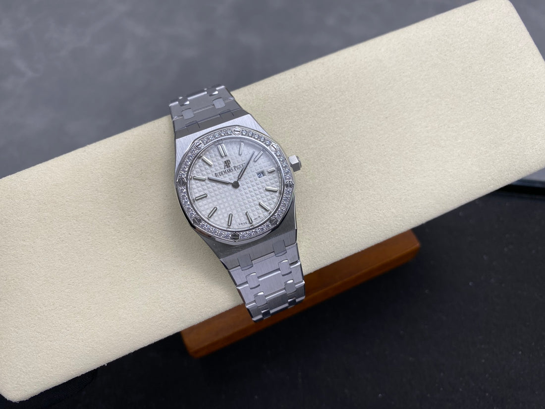 Octagonal Bezel Watch, White Gold Tone, Stone-Set, White, 33 mm