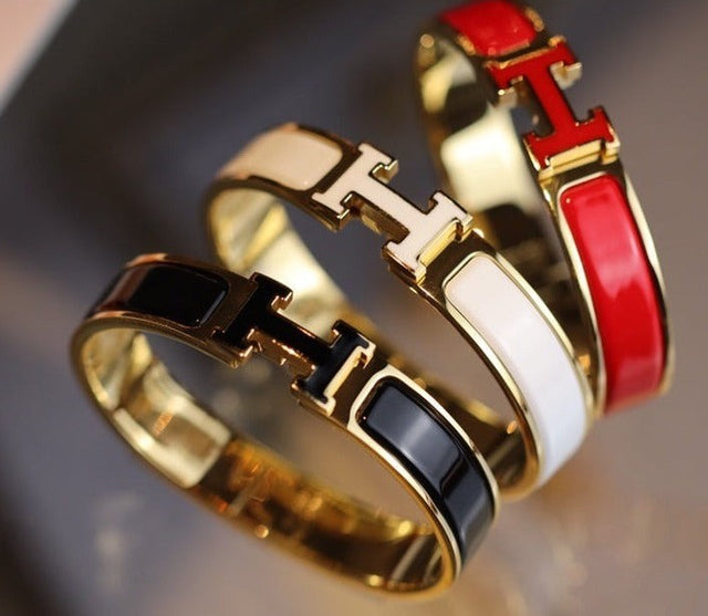 H Enamel Bangle, 12 mm, Gold