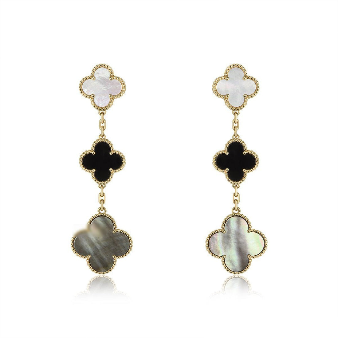 Quatrefoil 3 Motifs Earrings, Onyx and Mother of Pearl