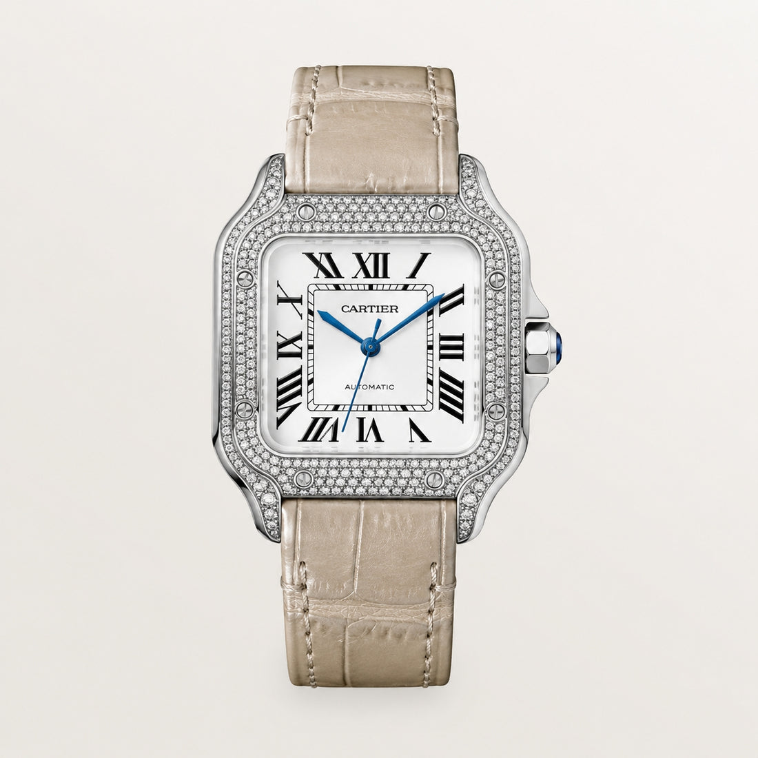 Square Case Watch, White Gold Tone, Stone-Set, White