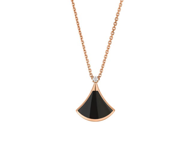 Fan-Motif Necklace, Rose Gold Tone, Stone-Set, Onyx