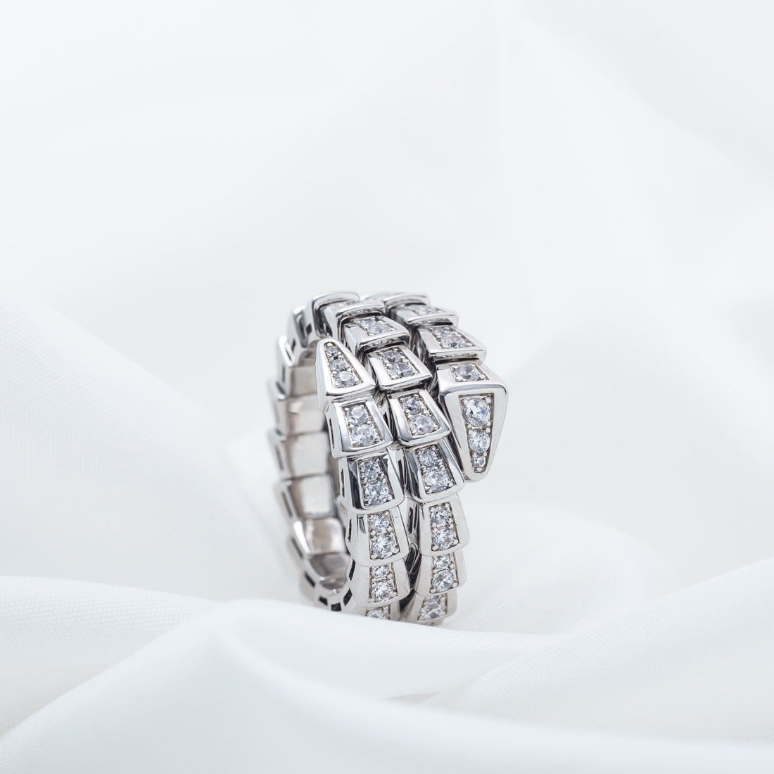 Snake-Scale Ring, White Gold Tone, Stone-Set