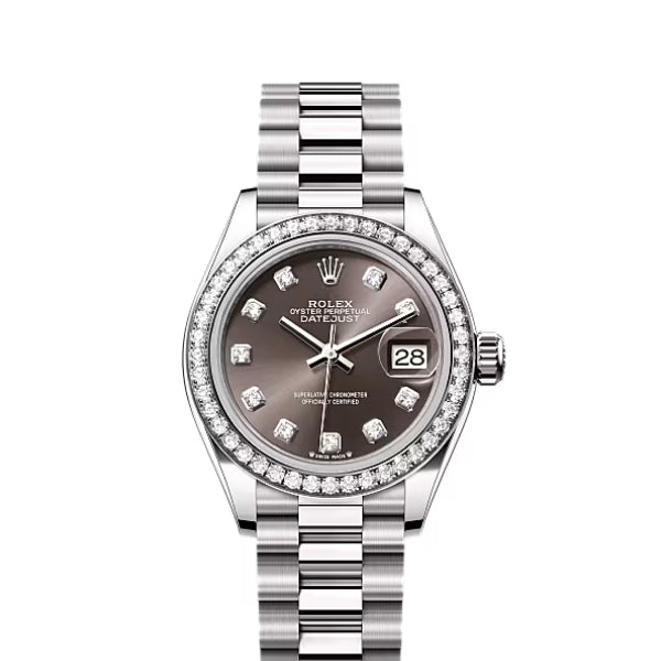 Classic Date Watch, White Gold Tone, Steel, Stone-Set, 28 mm