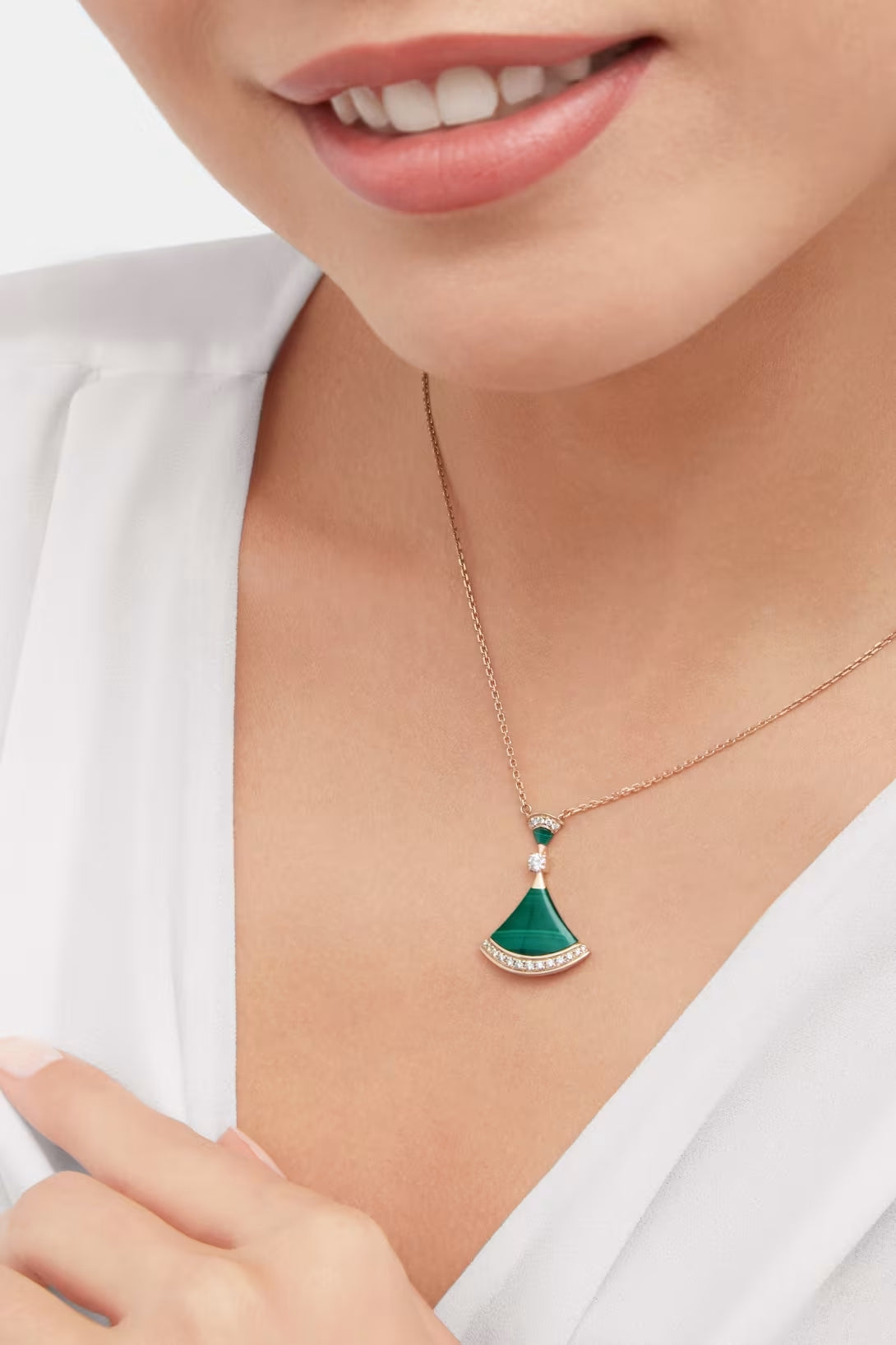 Fan-Motif Necklace, Rose Gold Tone, Stone-Set, Malachite