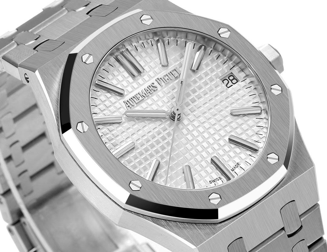 Octagonal Bezel Watch, White Gold Tone, White, 41 mm