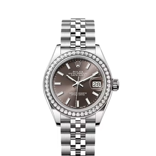 Classic Date Watch, White Gold Tone, Steel, Stone-Set, 28 mm