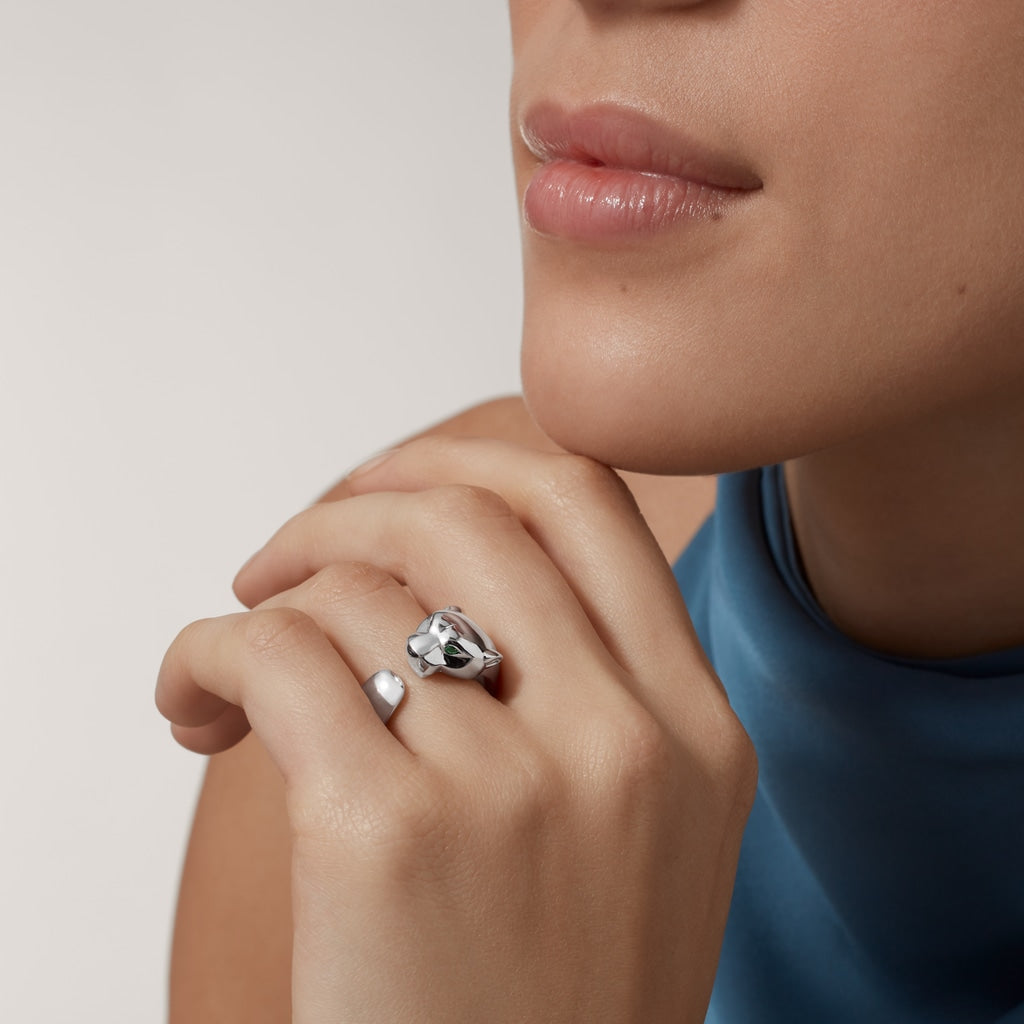 Feline Motif Ring, Medium Model, White Gold Tone