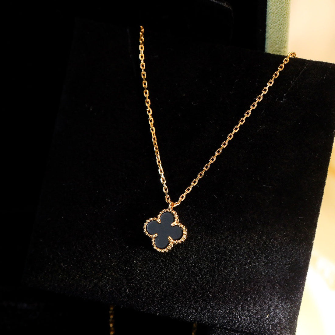 Quatrefoil Pendant Necklace, Yellow Gold Tone, Onyx