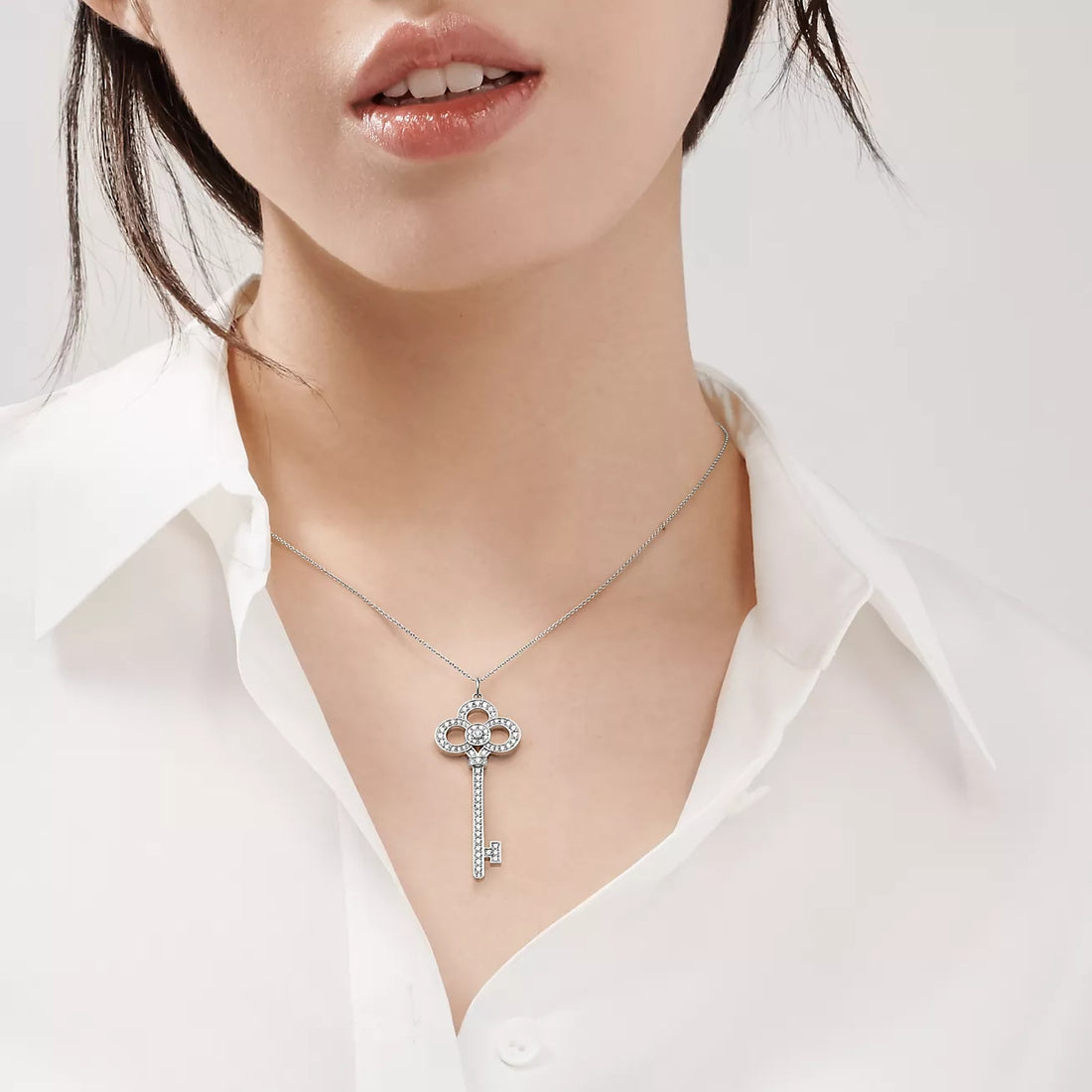 Key Pendant Necklace, White Gold Tone