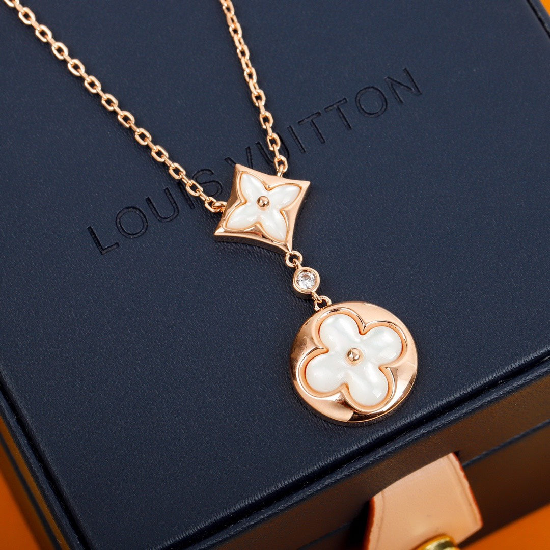 Flower Motif Necklace, Rose Gold Tone, Mother-of-Pearl, Stone-Set