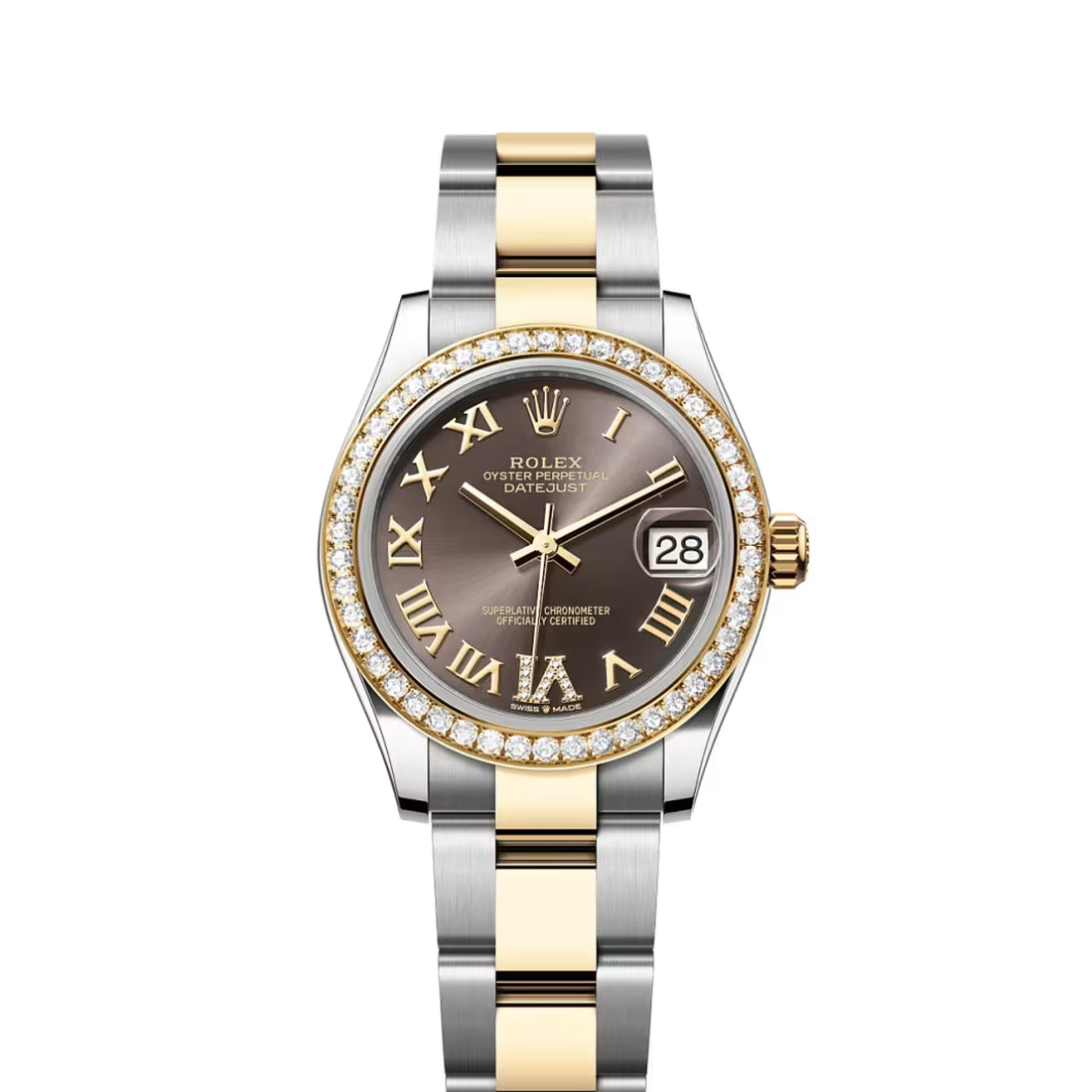 Classic Date Watch, Yellow Gold Tone, Steel, Stone-Set, 31 mm