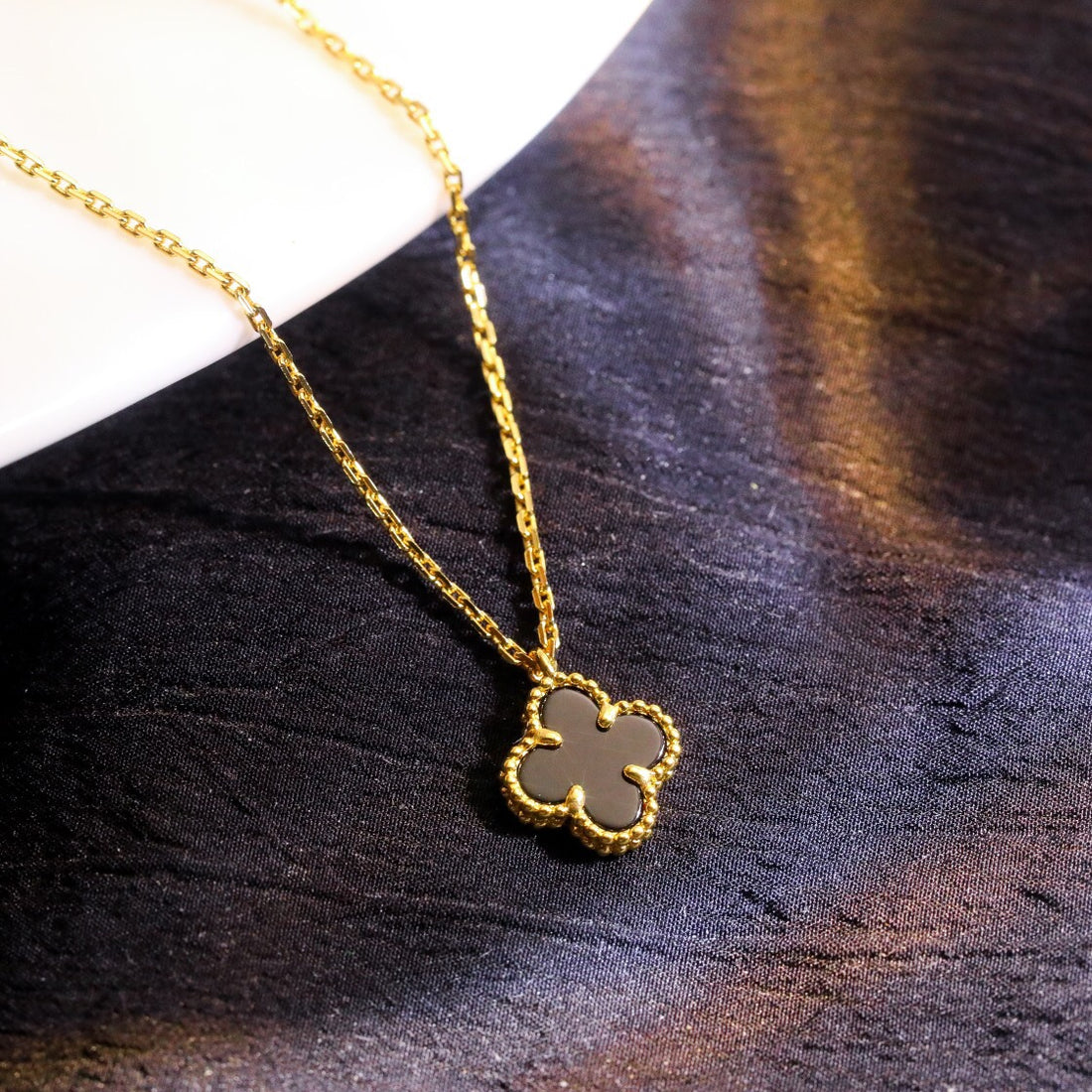 Quatrefoil Pendant Necklace, Yellow Gold Tone, Onyx