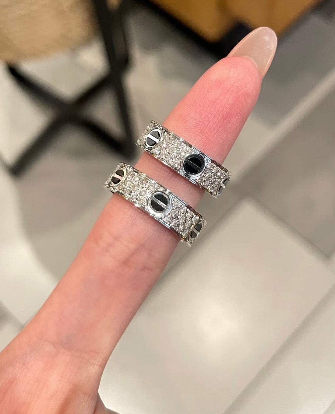 Screw-Motif Band Ring, Ceramic, Stone-Set, Classic Model, White Gold Tone