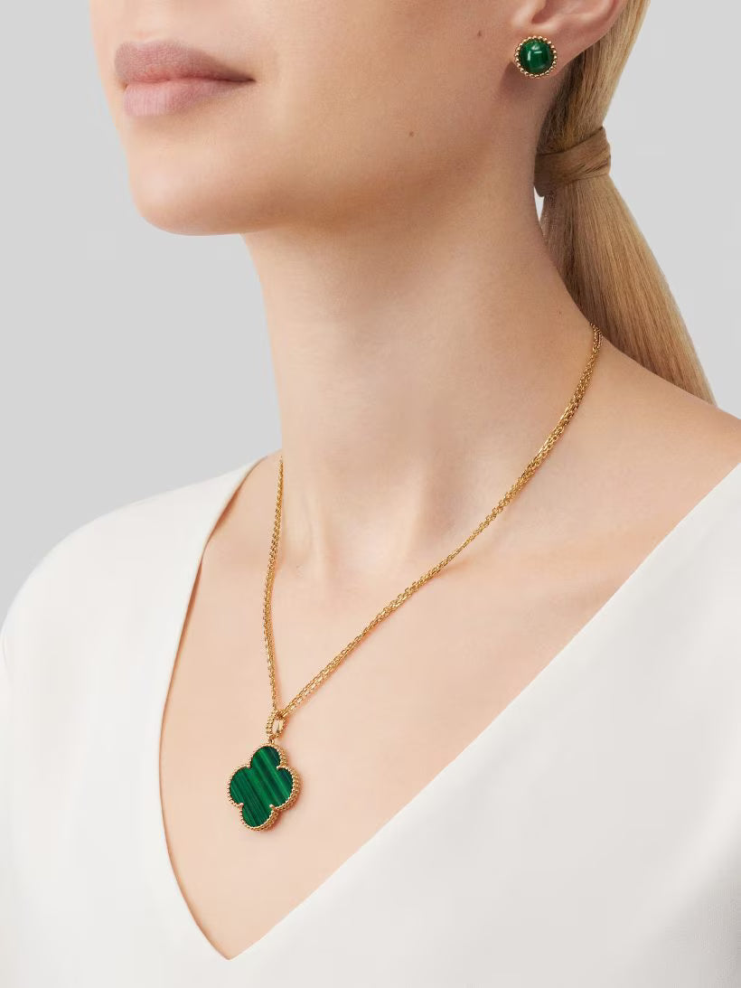 Quatrefoil Long Necklace, 1 Motifs, Yellow Gold Tone, Malachite