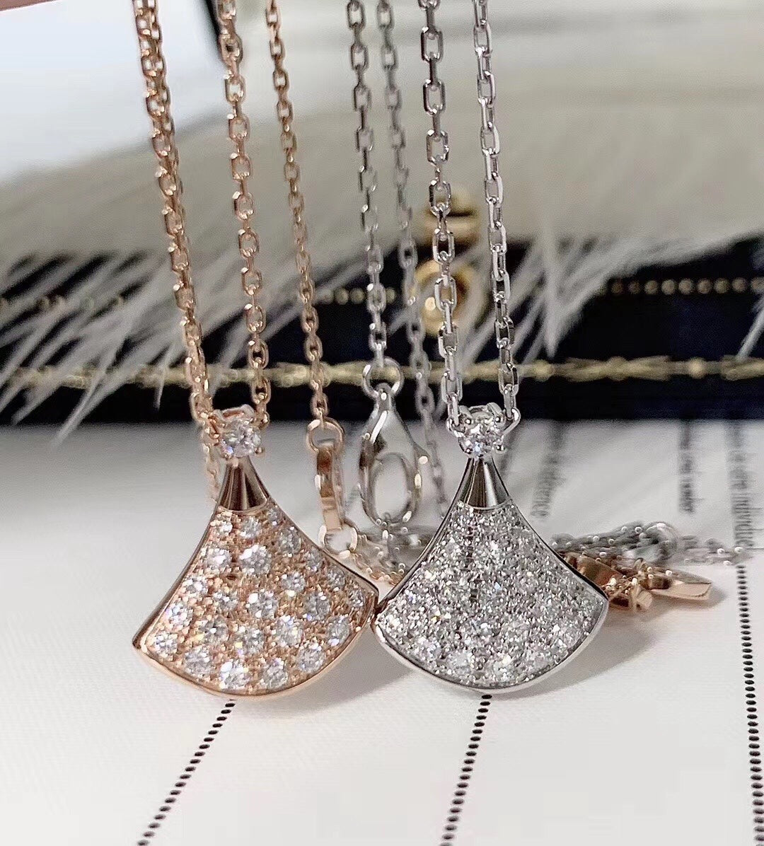 Fan-Motif Necklace, Rose Gold Tone, Stone-Set, Size S