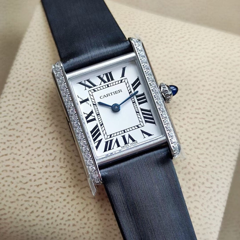Rectangular Case Watch, White Gold Tone, Stone-Set, White, Large Model