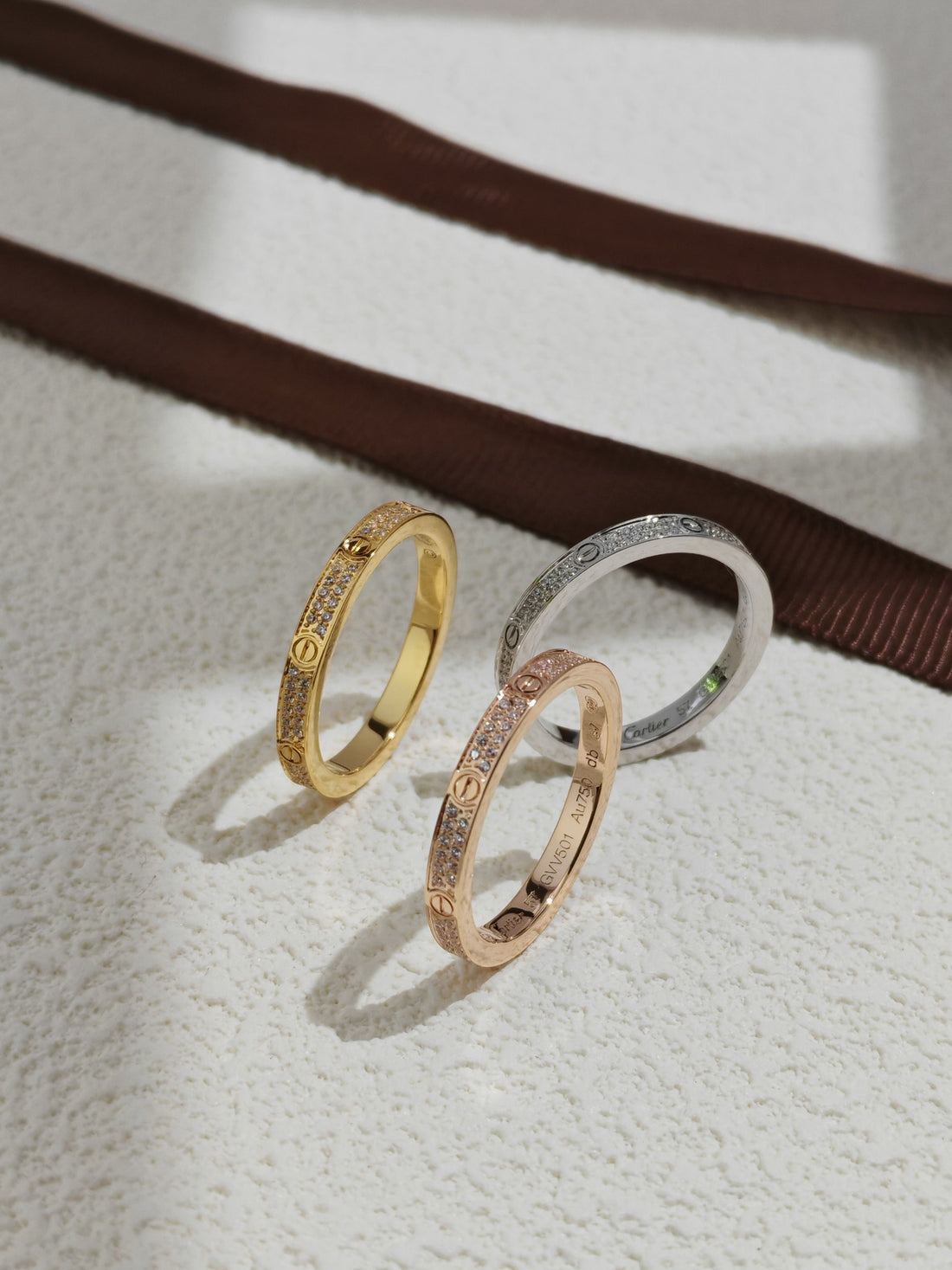 Screw-Motif Band Ring, Stone-Set, Yellow Gold Tone