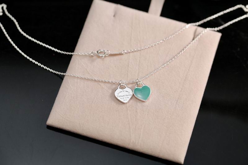 Double Heart Tag Pendant Necklace, Blue, Silver Tone