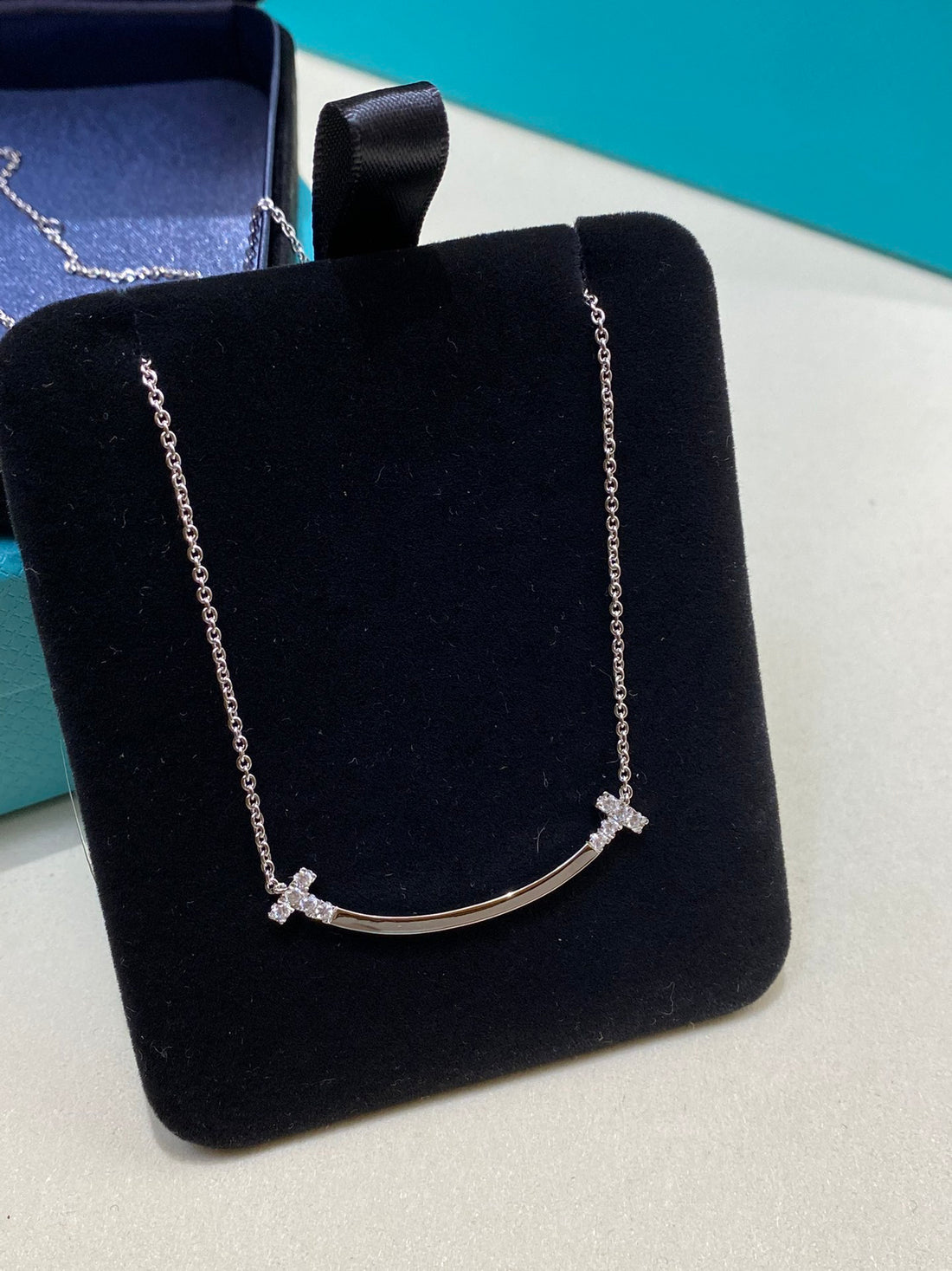 Smile Bar Pendant Necklace, White Gold Tone