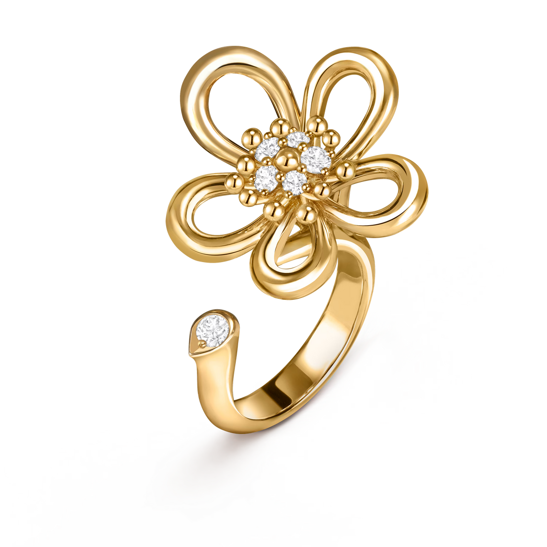 Openwork Flower Ring, Yellow Gold Tone, Stone-Set, Small Model