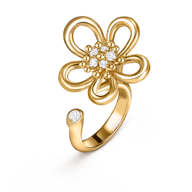 Openwork Flower Ring, Yellow Gold Tone, Stone-Set, Small Model