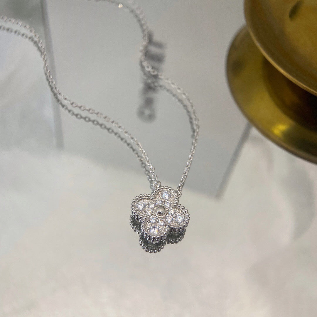 Quatrefoil Pendant Necklace, White Gold Tone