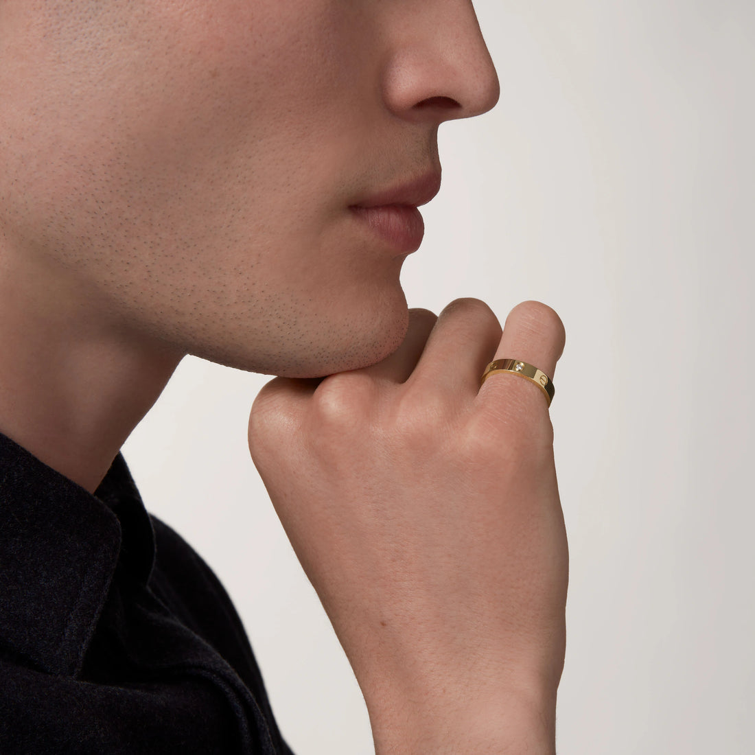 Screw-Motif Band Ring, Stone-Set, Yellow Gold Tone