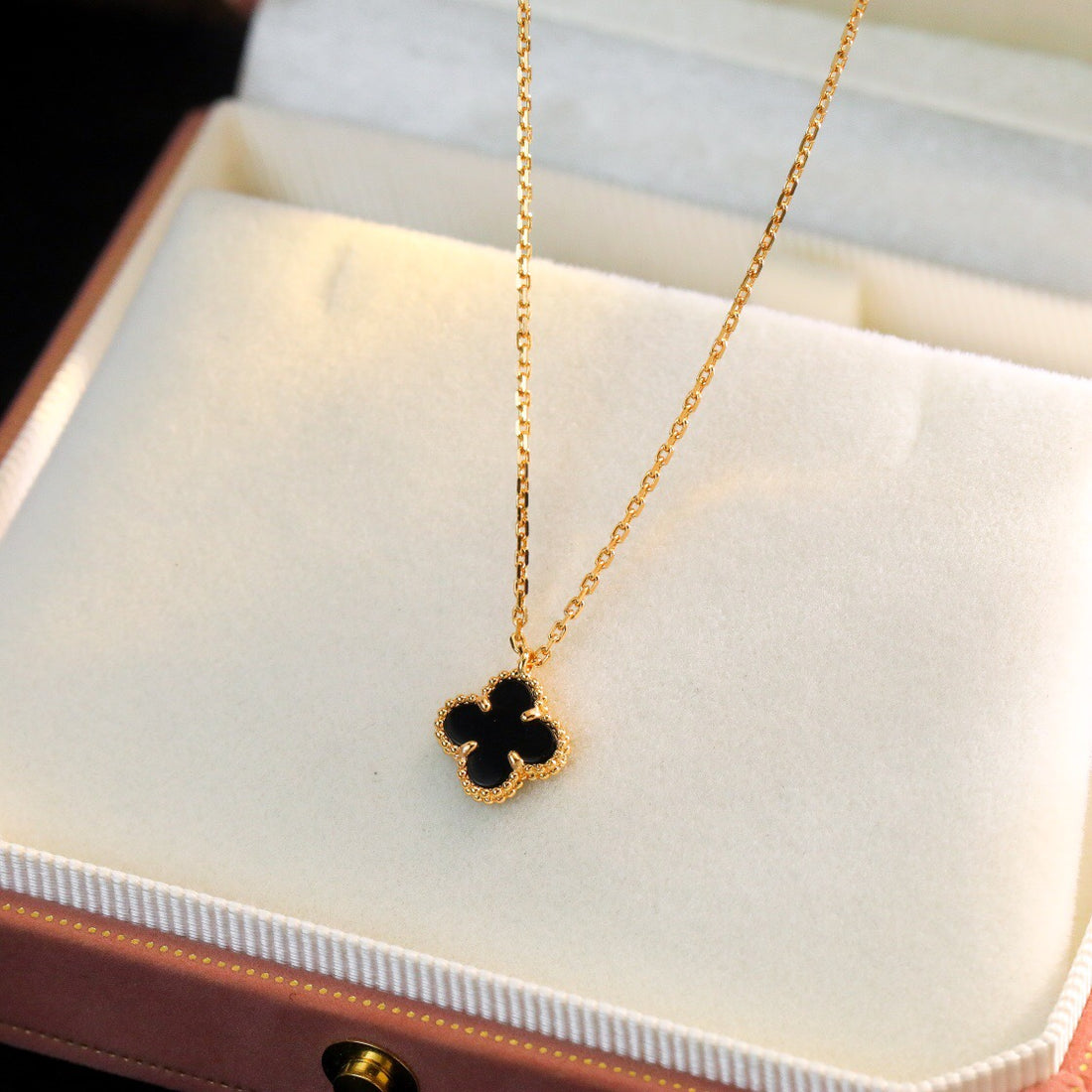 Quatrefoil Pendant Necklace, Yellow Gold Tone, Onyx