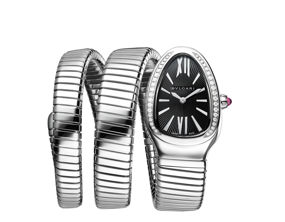 Coiled Band Watch, White Gold Tone, Stone-Set, White, 35 mm, Size S