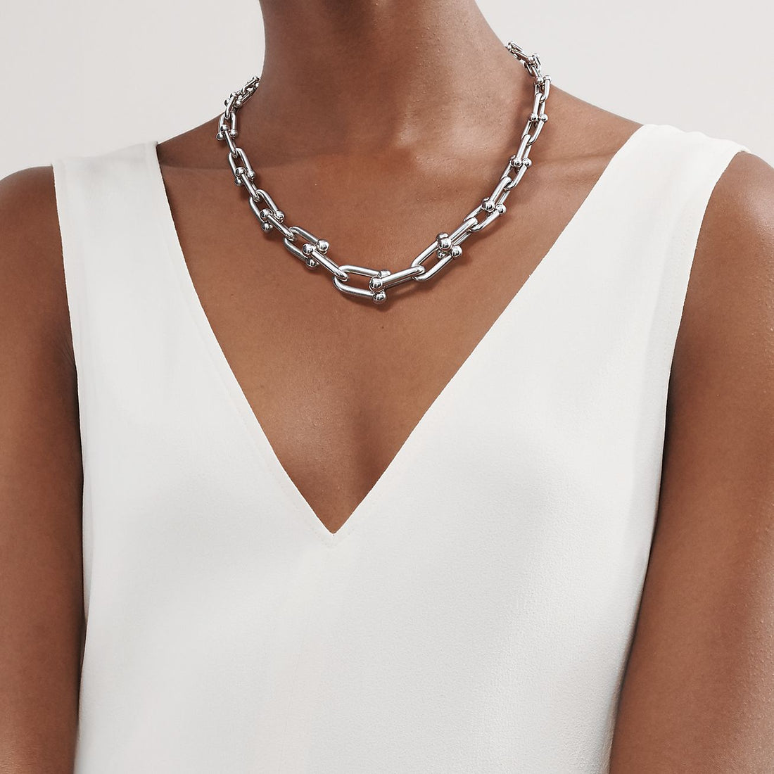 Graduated Link Necklace, White Gold Tone, White
