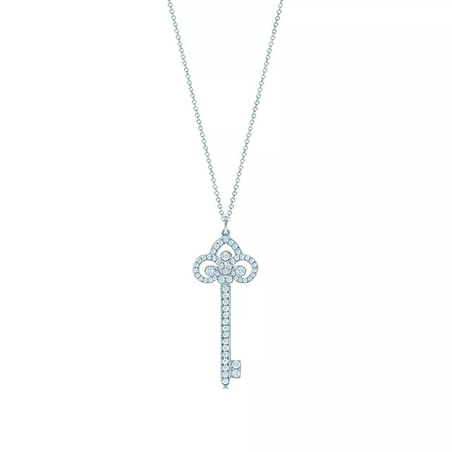 Key Pendant Necklace, White Gold Tone