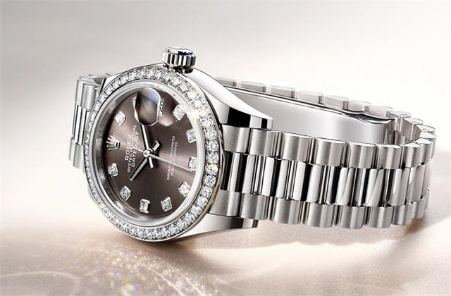 Classic Date Watch, White Gold Tone, Steel, Stone-Set, 28 mm
