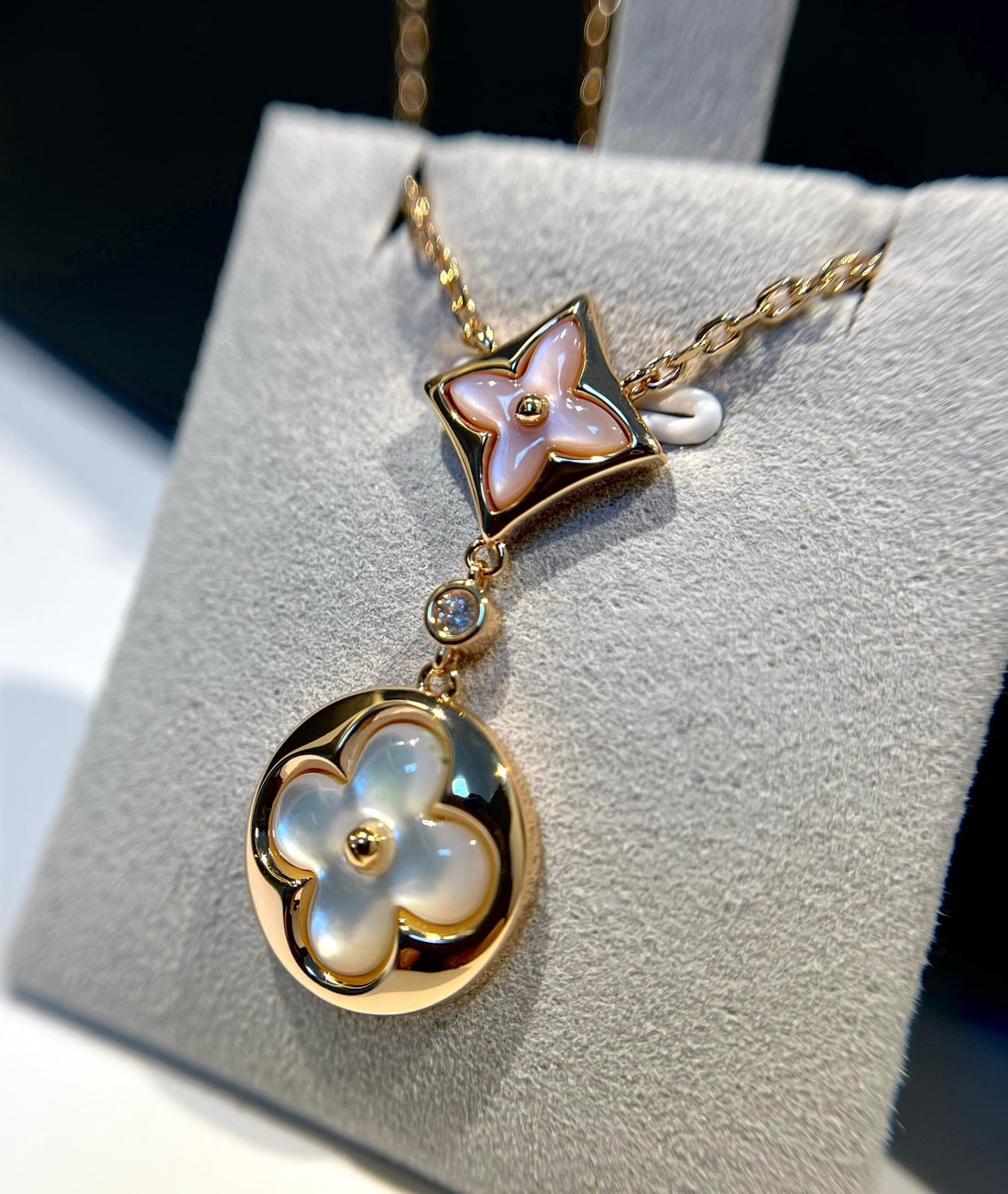 Flower Motif Necklace, Rose Gold Tone, Mother-of-Pearl, Stone-Set