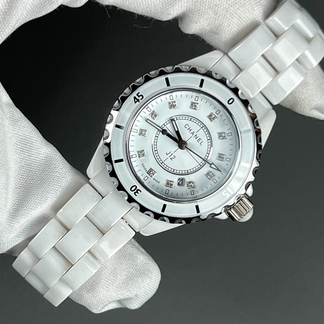 Ceramic Round Watch, White Gold Tone, White, 33MM