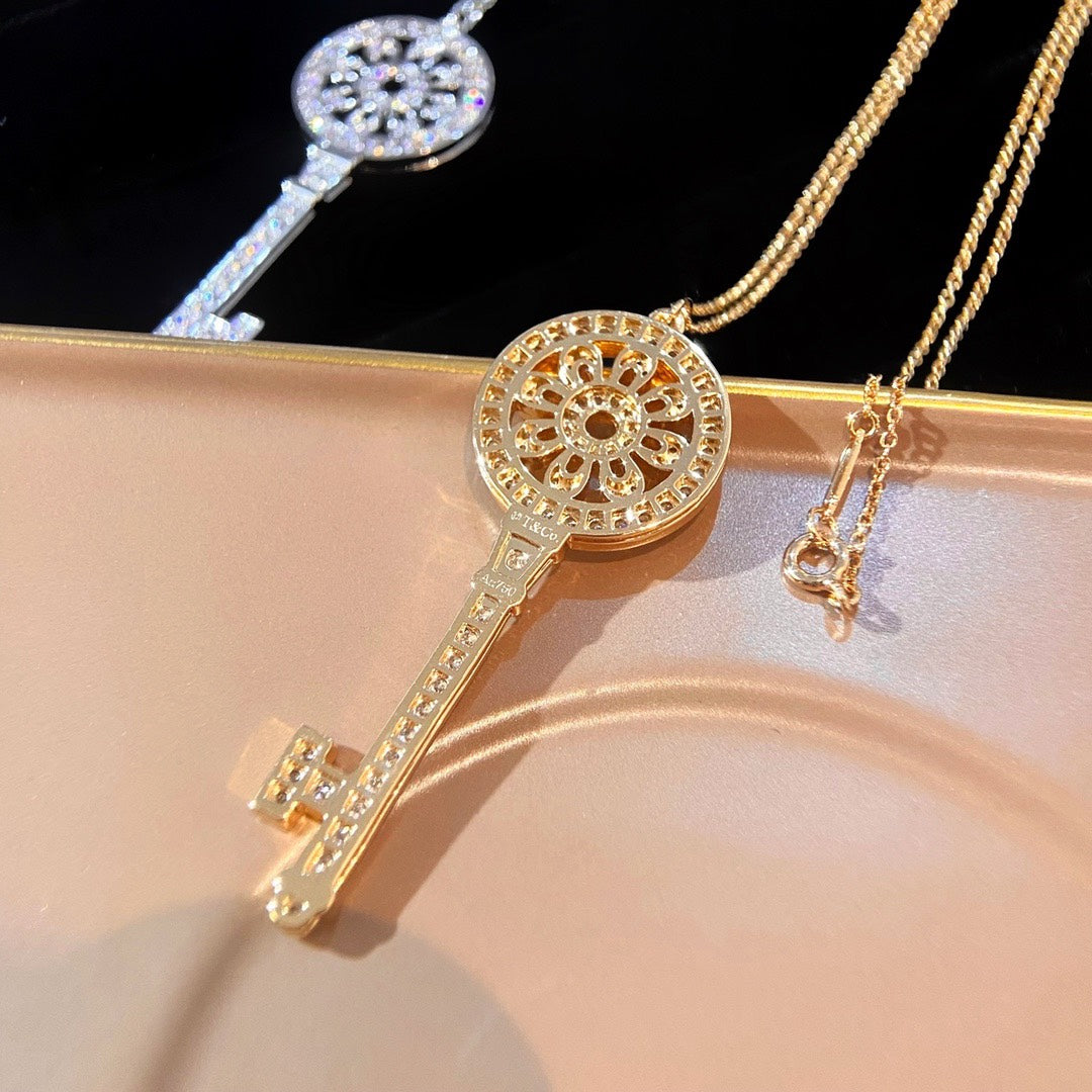 Key Pendant Necklace, White Gold Tone