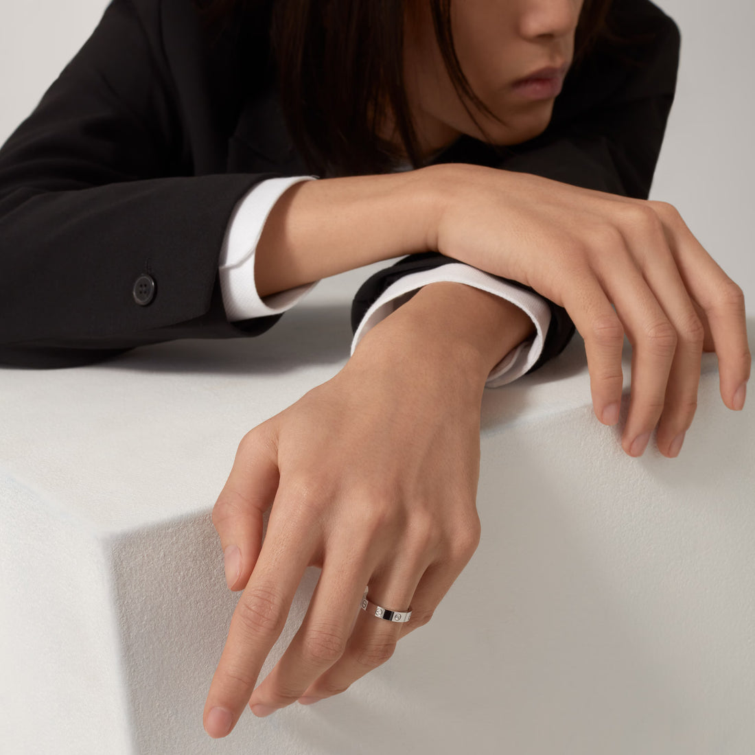 Screw-Motif Band Ring, Stone-Set, Rose Gold Tone