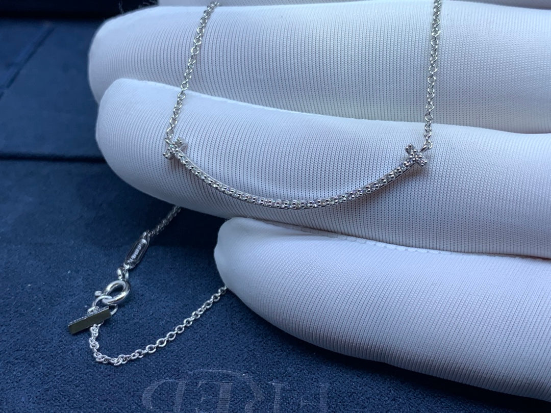 Smile Bar Pendant Necklace, White Gold Tone