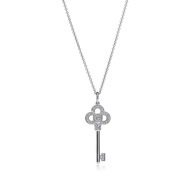 Key Pendant Necklace, White Gold Tone