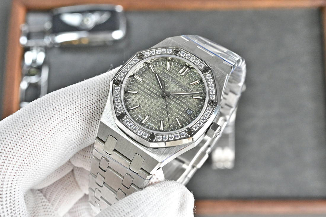 Octagonal Bezel Watch, White Gold Tone, Stone-Set, White, 37 mm