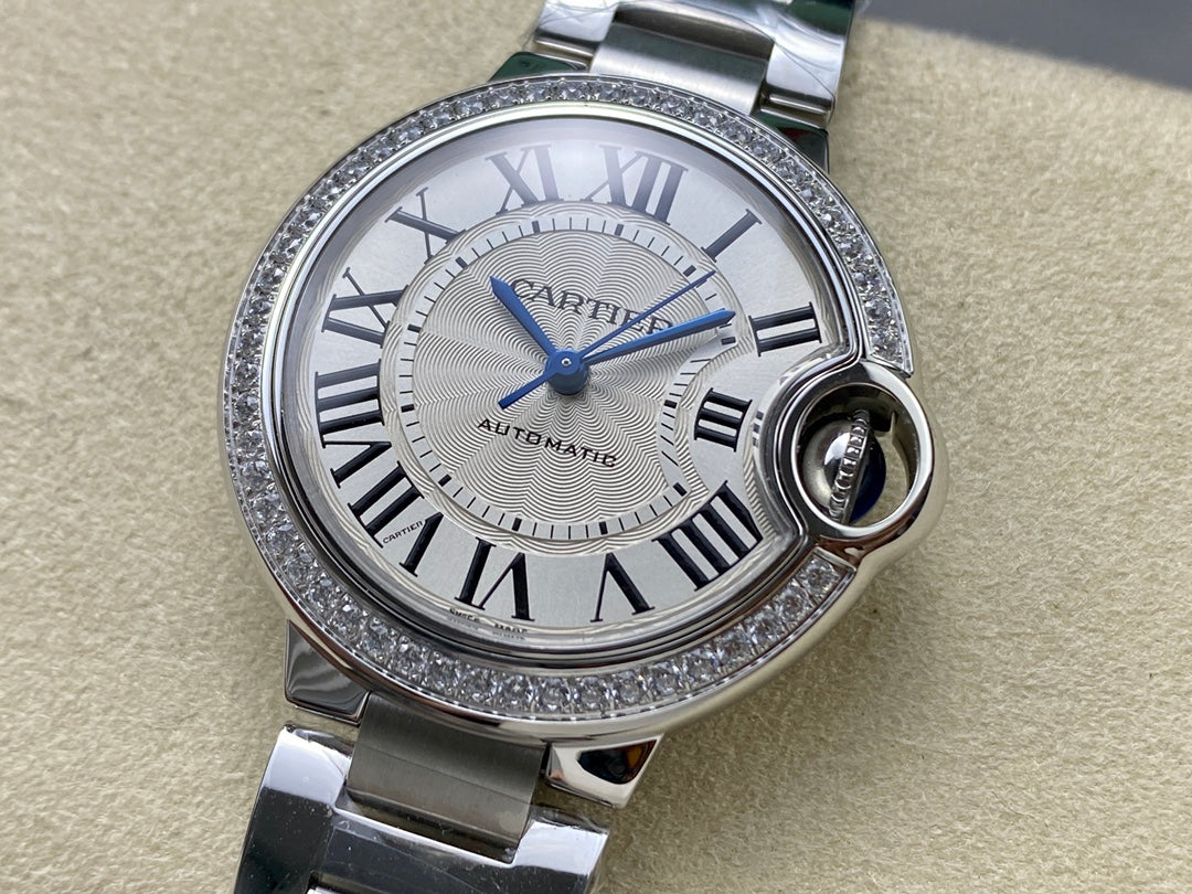 Round Domed Case Watch, White Gold Tone, Stone-Set, White, Small Model