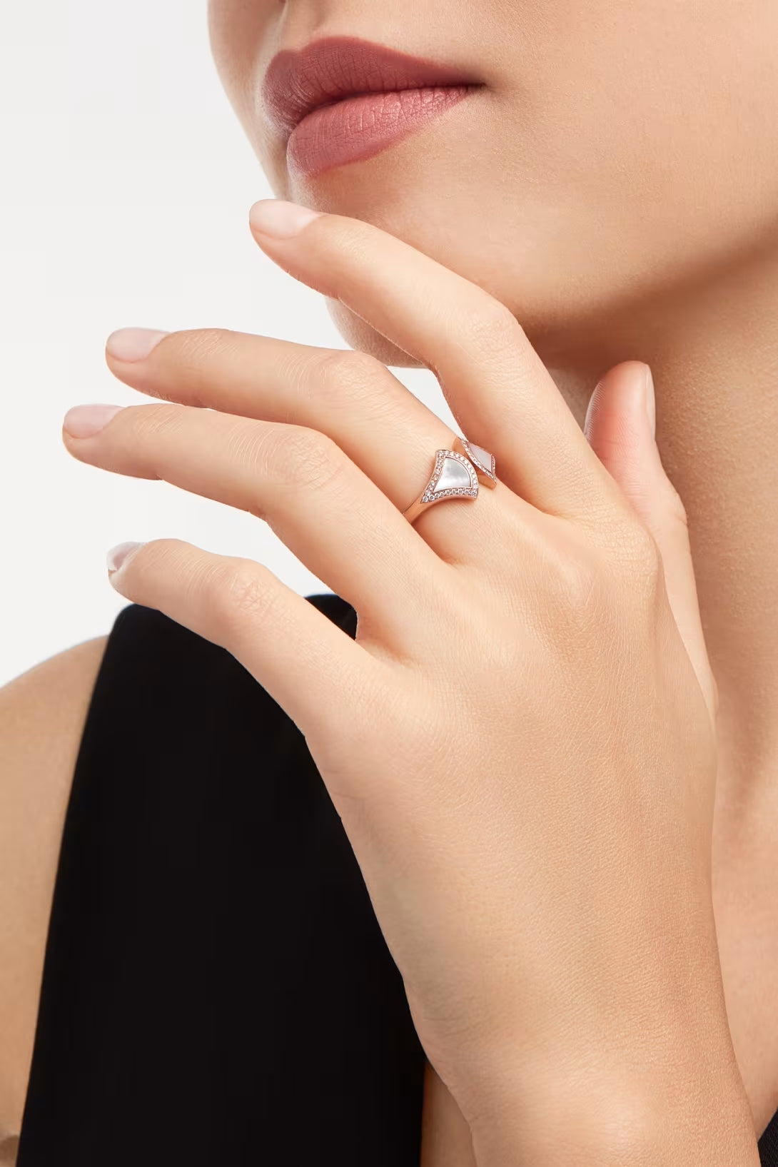 Fan-Motif Ring, Rose Gold Tone, Stone-Set, Mother-of-Pearl