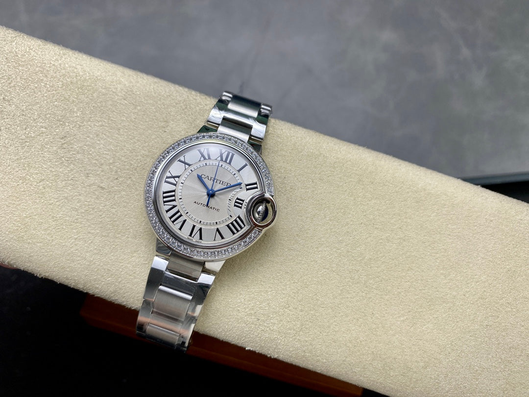 Round Domed Case Watch, White Gold Tone, Stone-Set, White, Small Model