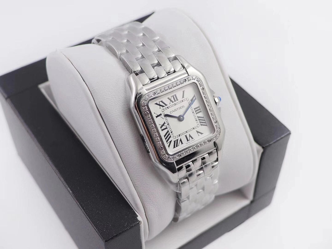 Square Link-Bracelet Watch, White Gold Tone, Stone-Set, White, Small Model