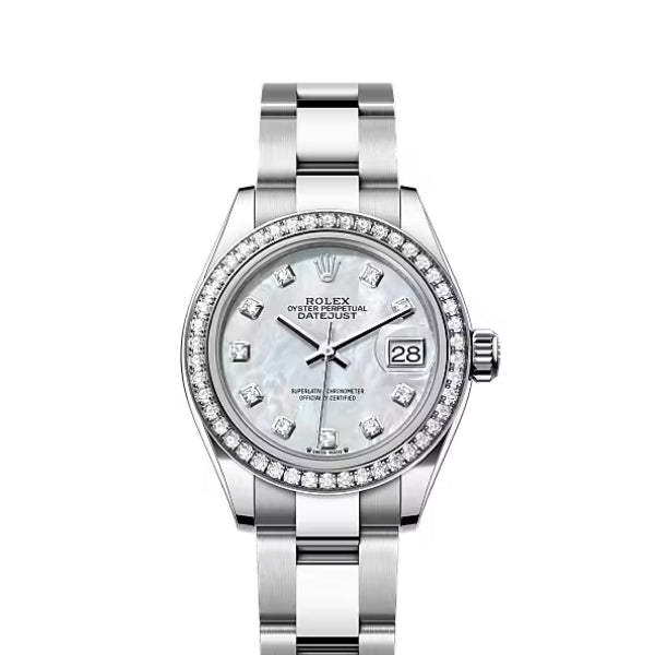 Classic Date Watch, White Gold Tone, Steel, Stone-Set, 28 mm